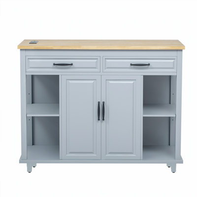 47 inch Kitchen Island with Extendable Dining Table, Rubber Wood Veneer Kitchen Table with Internal Storage Rack, Power Outlet, Kitchen island with Storage 2 Drawers 2 Cabinet,Grey Blue