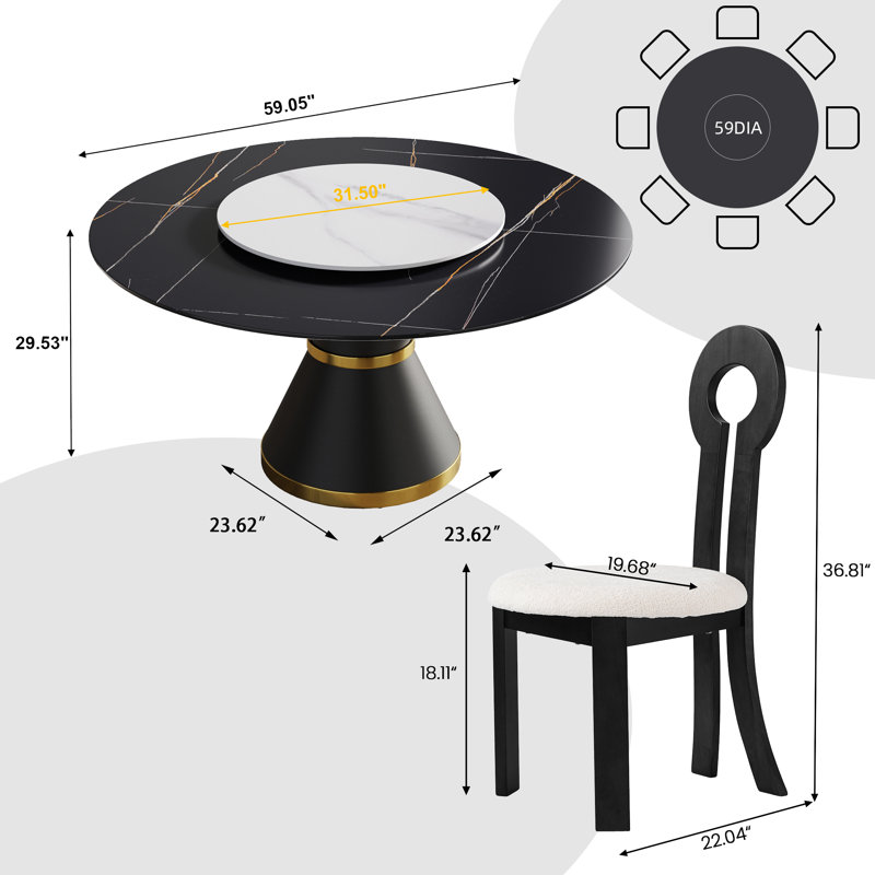 8 Seat Modern Round Sintered Stone Dining Table With Rotating Tray,modern Key-shaped Dining Chairs, Black/White