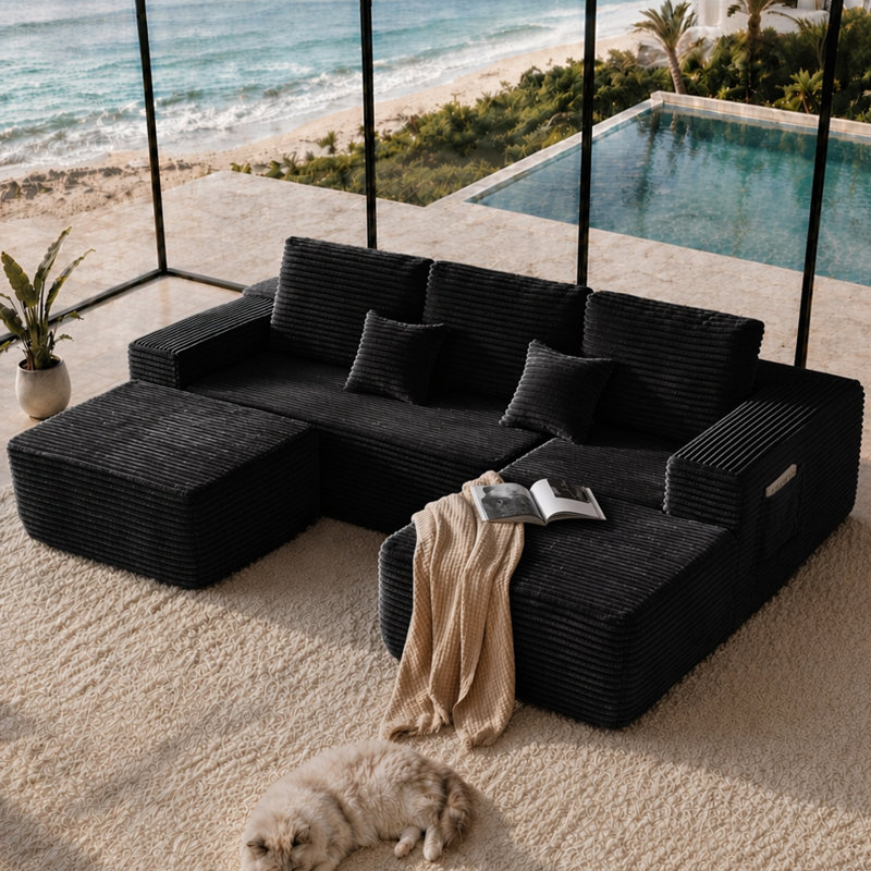 Canapé d'angle modulaire 3 pièces en forme de U Cloud 104 po noir avec méridienne à droite - Aucun assemblage requis