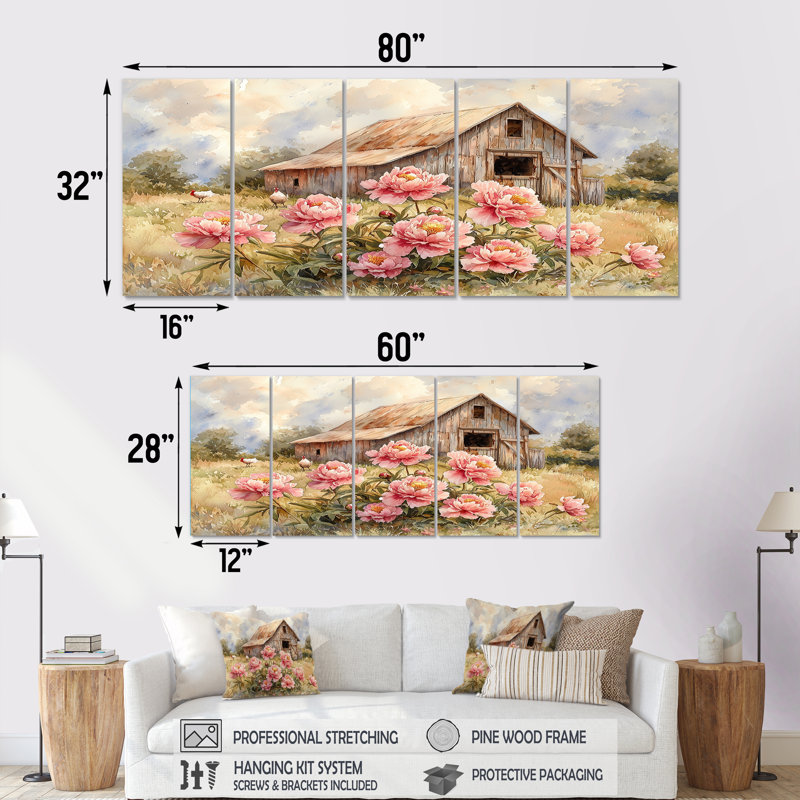 Ferme de pivoines par le poulailler II - Art mural pivoines - Art mural traditionnel sur toile, H 28 po x l 60 po, 5