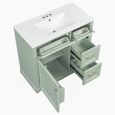 Meuble-lavabo de salle de bain avec lavabo, armoire avec tiroirs, porte à fermeture en douceur, tablette réglable et lavabo en céramique pour une organisation de salle de bain moderne