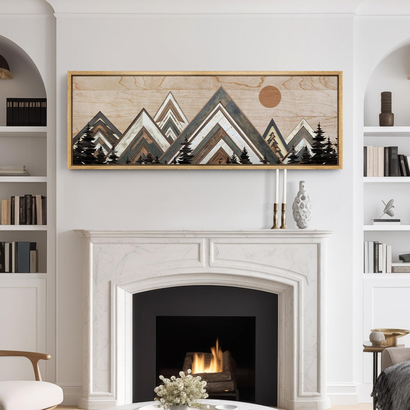 «Western Wood Effect Landscape Abstract Geometric Mountain Range», reproduction sur toile encadrée, H 20 po x l 60 po