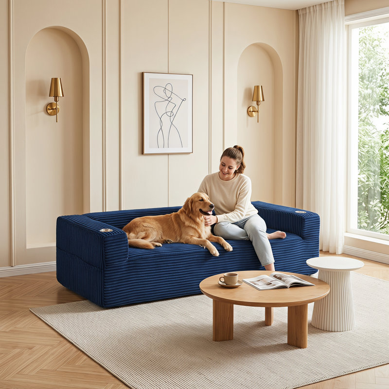 Boneless Modern 92" W Couch Corduroy Compression Sofa with Cup Holders and Storage, Blue