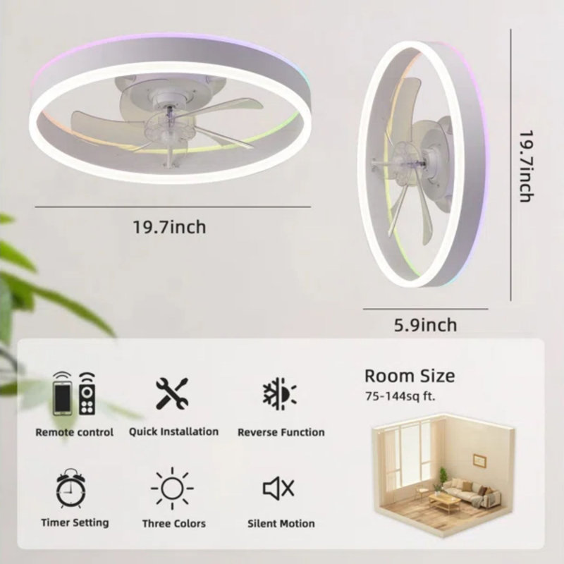 Ventilateur de plafond encastré à DEL 20 po à profil bas avec lumière blanche, télécommande et commande APP, à intensité variable, 6 vitesses