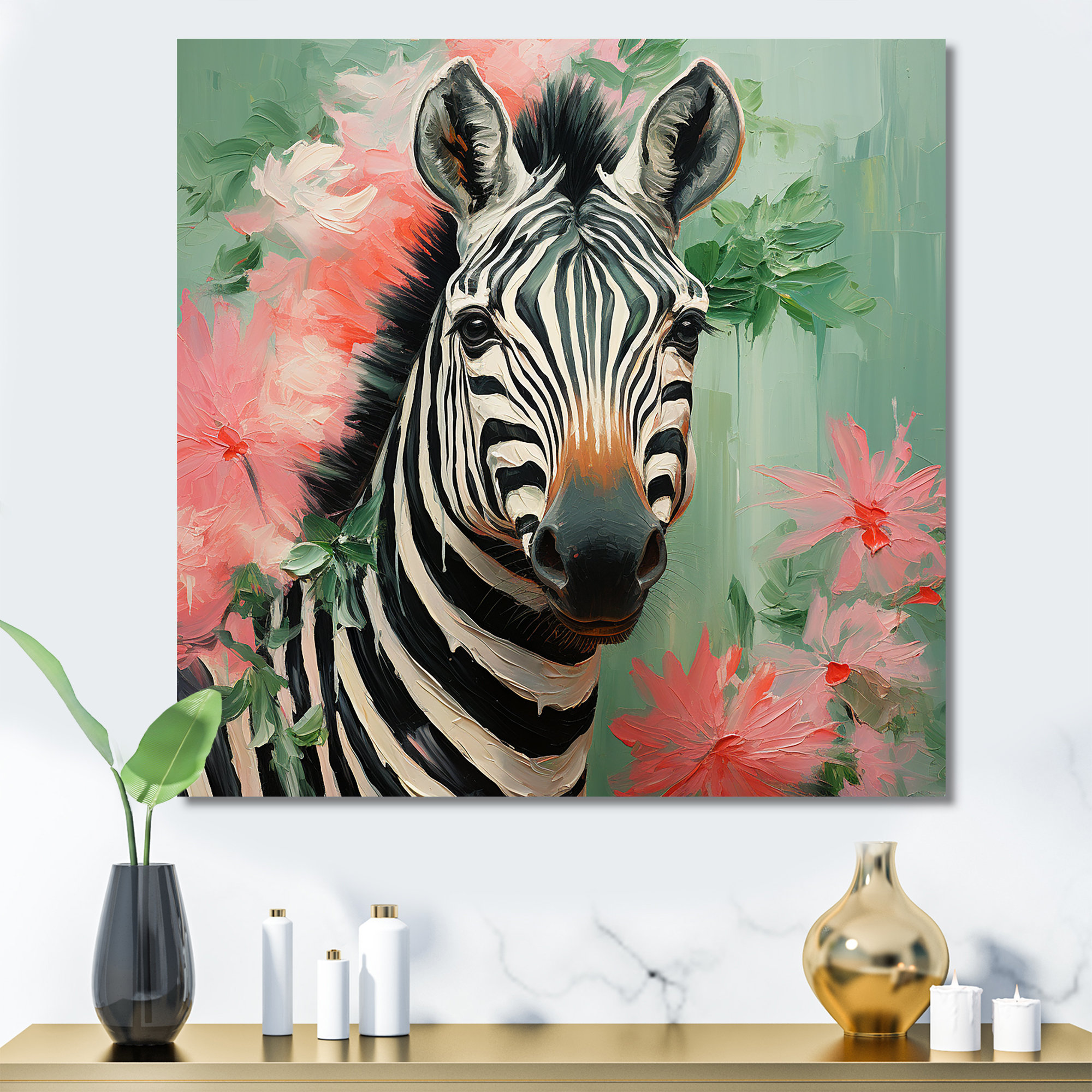 Bungalow Rose Pink And Green Floral Zebra V Zebra Animal Wall Art