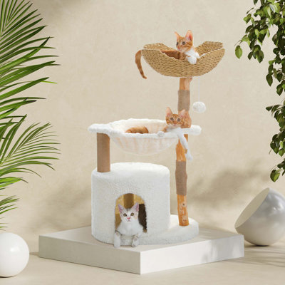 Modern Cat Tree With Natural Solid Wood Scratching Post, Spacious Wicker Basket, Large Hammock, Luxury Condo For Indoor Cats