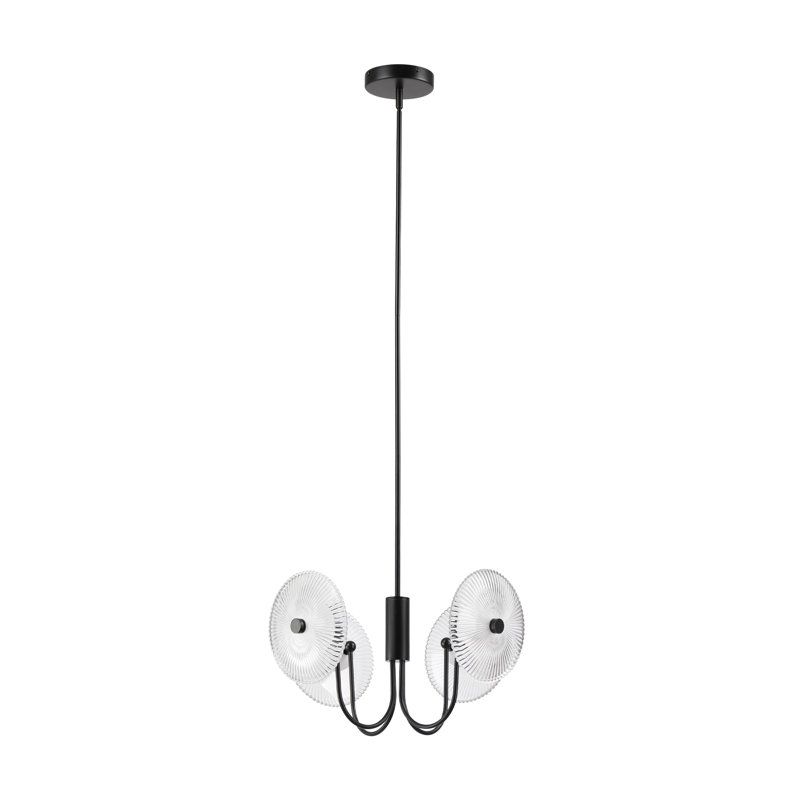 Luminaire suspendu à DEL 4 lumières avec abat-jour disque en verre transparent nervuré, Noir mat