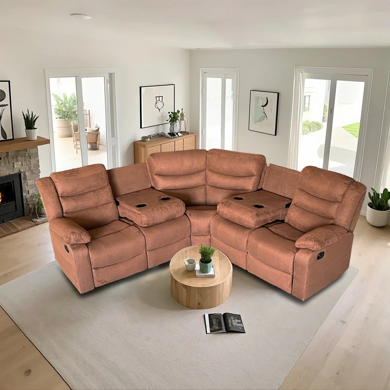 5-Piece, Fabric Manual Reclining Sectional Sofa Drop-down Tables with 2 Cup Holders, Brown Microfiber