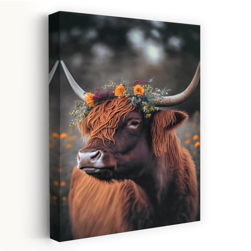 Majestic Blossomc Impression d'art mural rustique et vintage paisible représentant un taureau, une vache et des fleurs, la nature