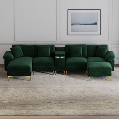 128" U-Shaped Chenille Sectional Sofa with Storage Console