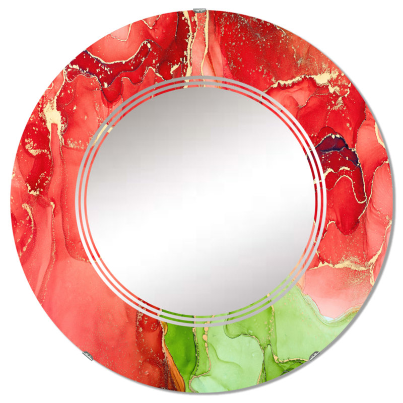 Rouge et vert, art abstrait fluide de luxe - miroir mural moderne, 24 po x 24 po