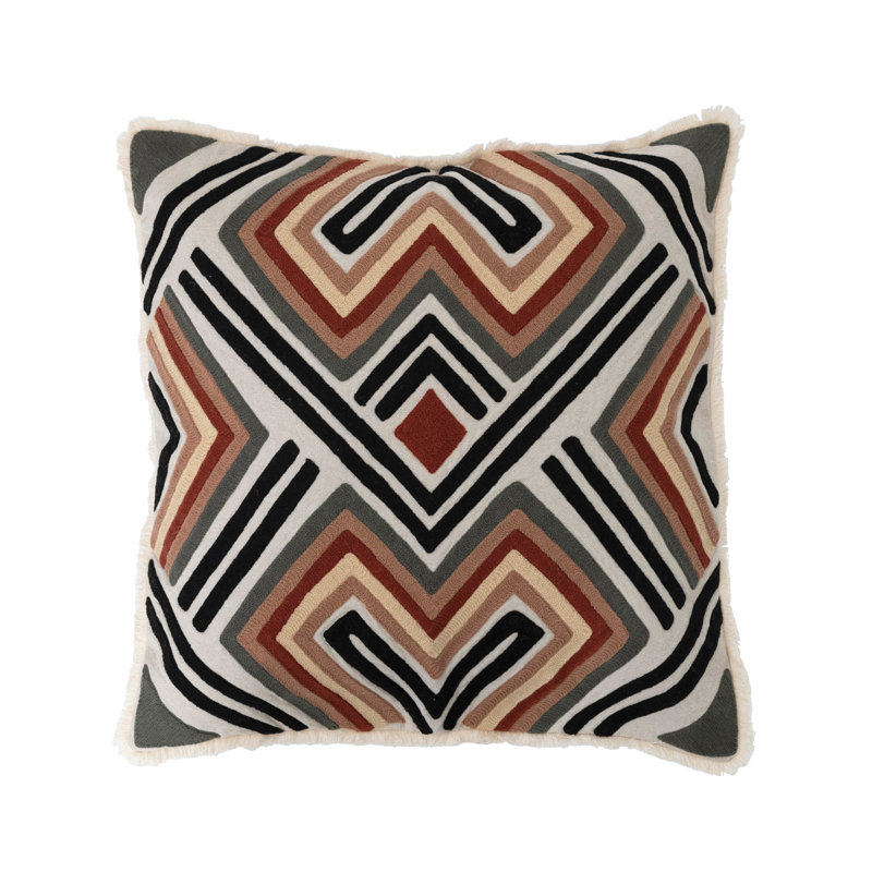 20" Square Beige Cotton Embroidered Pillow with Fringe