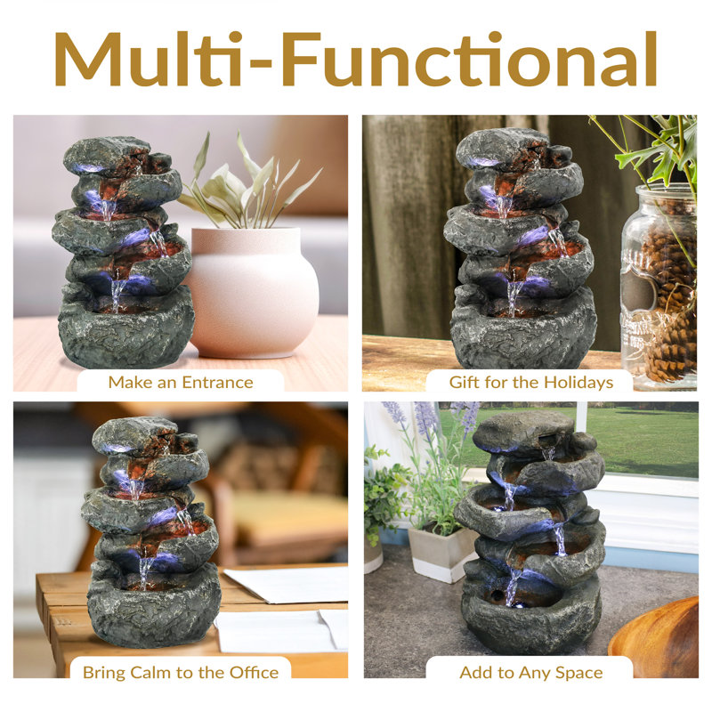  Stacked Polyresin Rocks Rustic Tabletop Fountain with LEDs