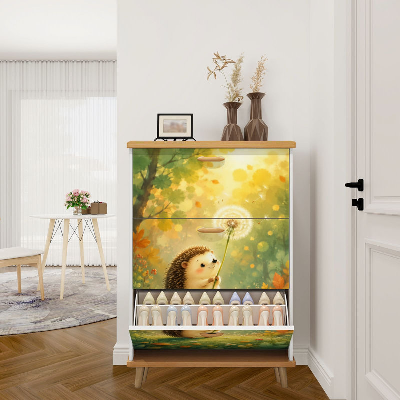 Armoire de rangement pour chaussures avec 3 tiroirs rabattables pour un adorable hérisson tenant un organisateur de rangement à chaussures avec pissenlit