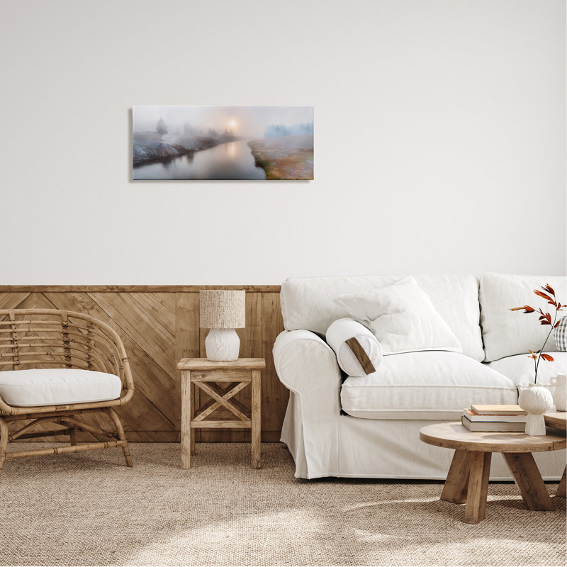 Foggy River at Dawn White Framed Canvas Print, 30 x 13