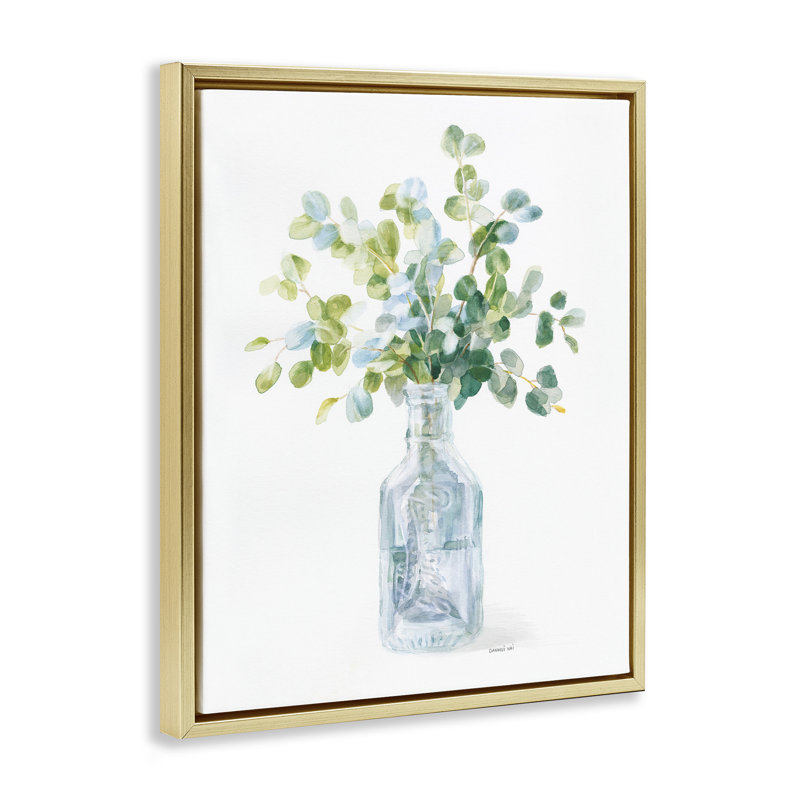 «Flower Jar Still Life Green Blue», peinture sur toile par Danhui Nai, H 31 po x l 25 po, Cadre flottant métallique doré