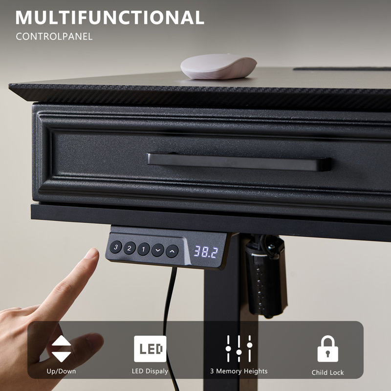 Table d'ordinateur de bureau électrique à hauteur ajustable de 46 po de hauteur avec 3 tiroirs, bureau d'écriture pour bureau personnel avec prises de courant monobloc et prises de courant