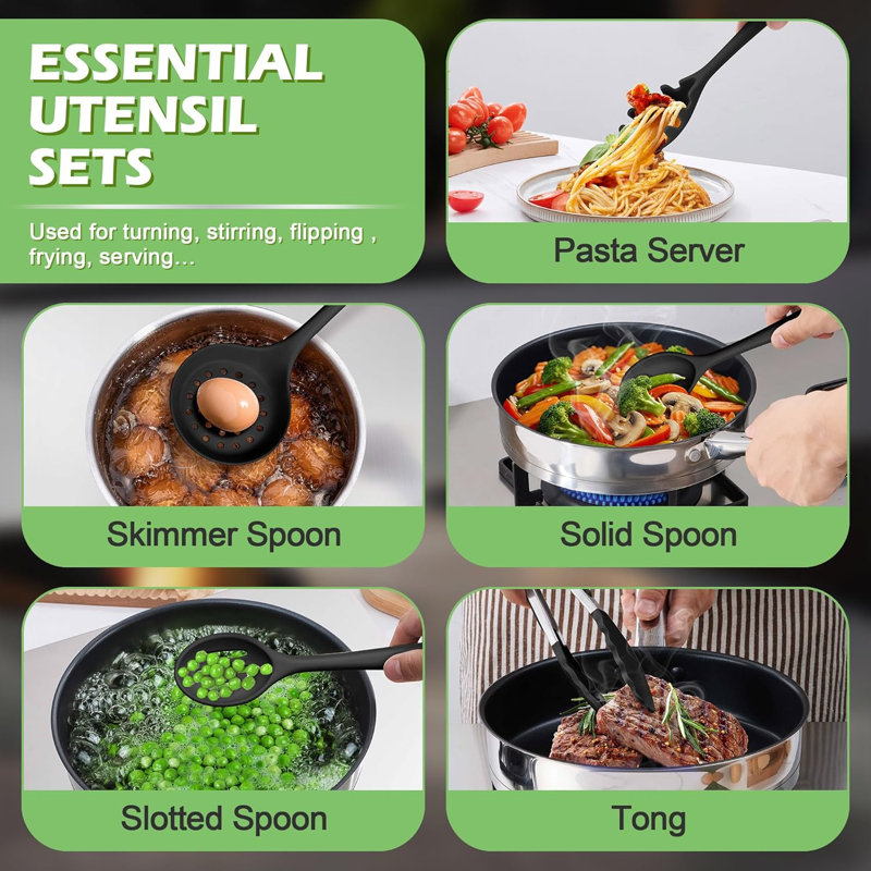 Ensemble de 15 ustensiles de cuisine en silicone avec support, outils de cuisson non toxiques résistants à la chaleur pour batterie de cuisine antiadhésive