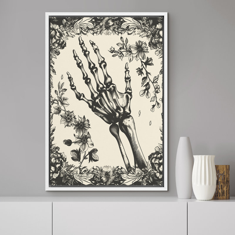 Crâne à la main, croquis de Moody, animaux gothiques foncés, œuvres d'art botaniques florales foncées, Blanc