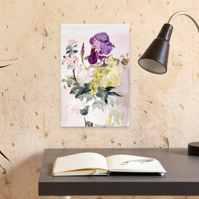 Fleur avec iris, laburnum et géranium, art contemporain classique, géranium traditionnel iris, orchidée, fleur, art mural