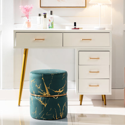 Samantha 14'' Wide Round Velvet Ottoman with Gold Marbling and Metal Accent