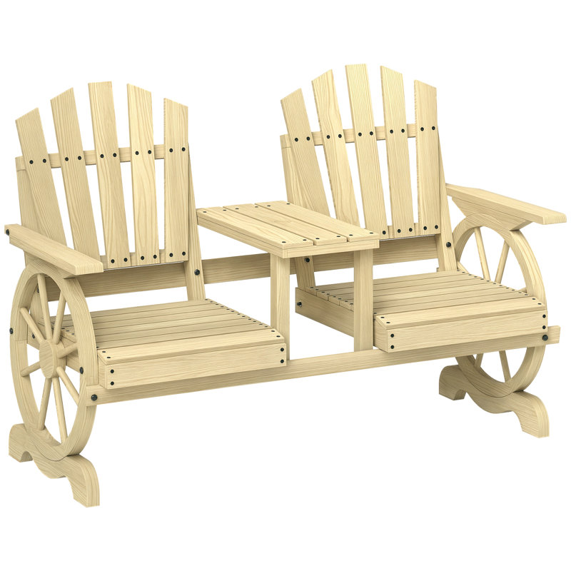 Banc de jardin en bois avec table, trou pour parasol, banc d'extérieur à roulettes 2 places, dossier haut, accoudoirs pour la cour, patio