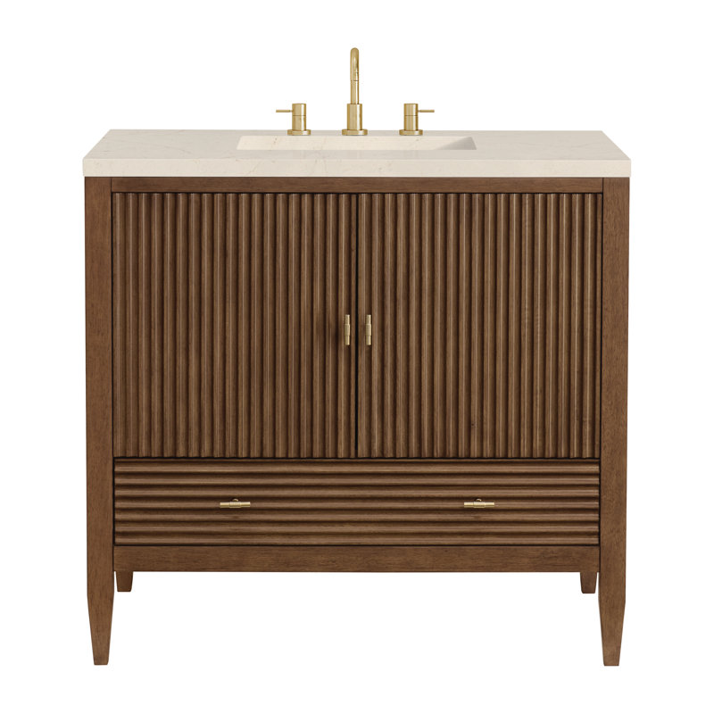 Myrrin 36'' W Single Vanity, Mid-Century Walnut, White Zeus, 8" Widespread