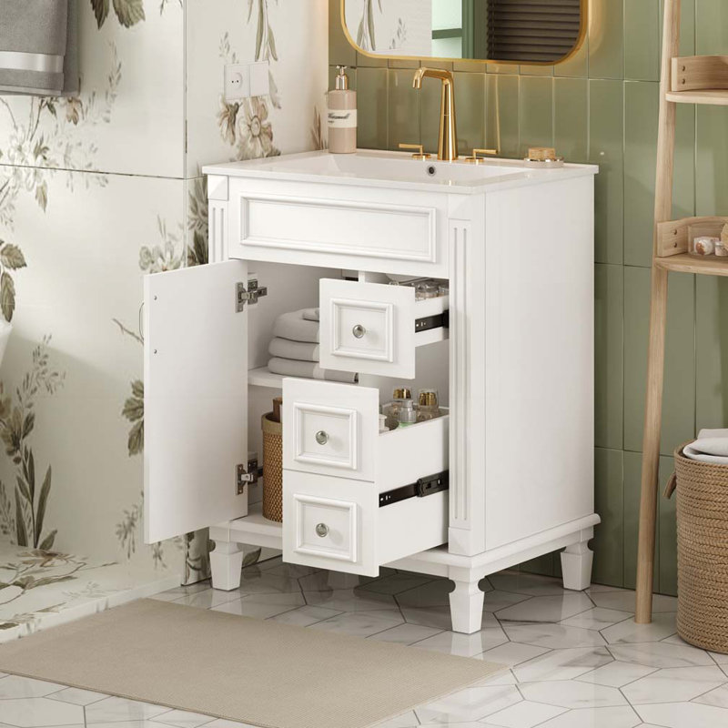 Meuble-lavabo avec lavabo en céramique, armoire avec 2 tiroirs et tablette réglable, Blanc
