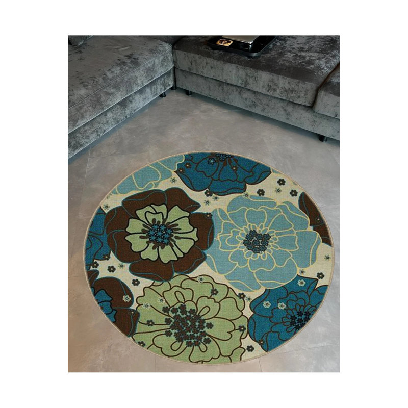 Floral Patterned Woven Base Decorative Carpet In Blue And Green Tones, Round 4'