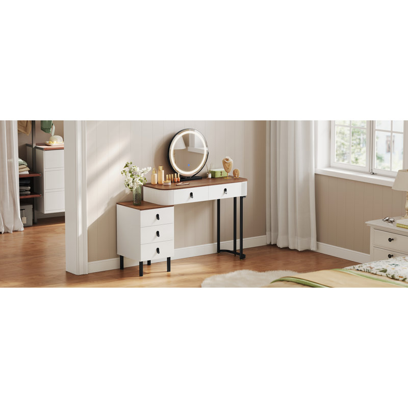 Nitza Dressing Table with Mirror, White/Brown