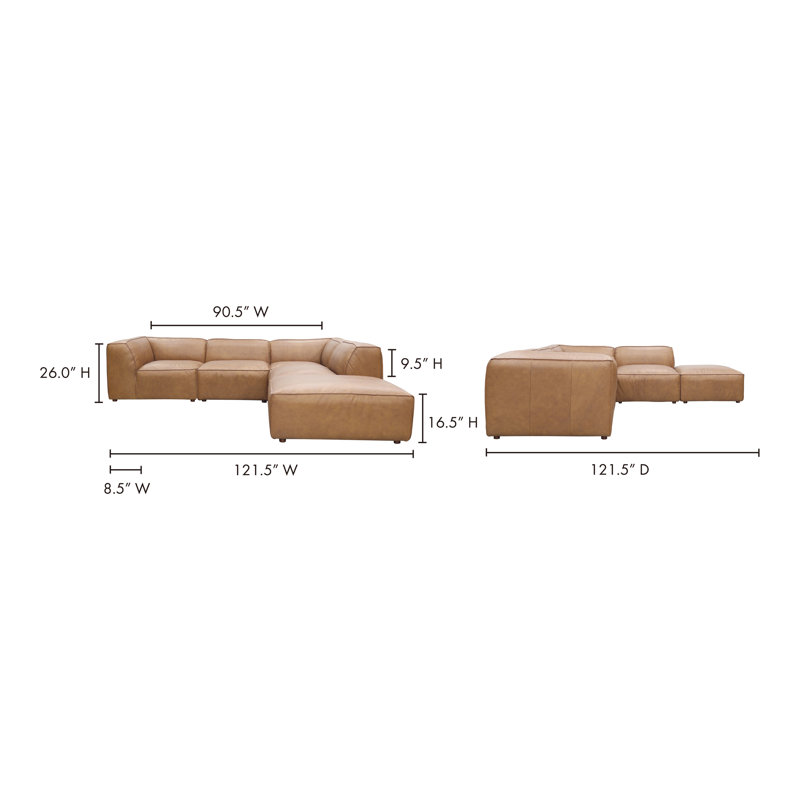 Form Astra 5 - Genuine Leather Modular Sectional with Ottoman, Tan Genuine Leather, 26" H x 112" W x 102.5" D