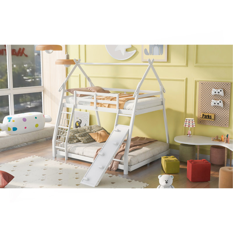 Twin Over Queen House Bunk Bed With Climbing Nets And Climbing Ramp, White