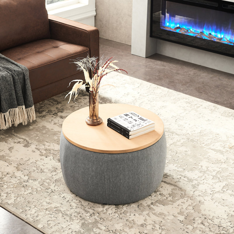 2 In 1 Storage , Dark Grey. Acts As End Table And . Handmade With Linen. 25.5"x25.5"x14.5". Supports 250lbs. No Assembly Round - Function, & Handmade. Linen Upholstery. 25.5x25.5x14.5. 250lbs Weight