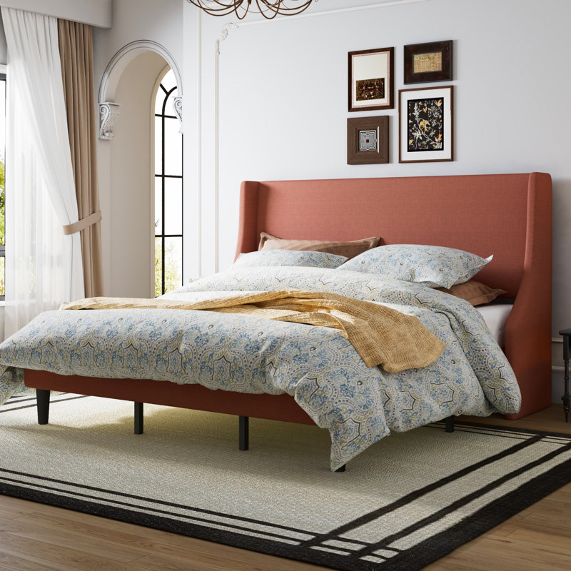 Nichaela King Size Modern Platform Bed Frame With Deluxe Wingback/Upholstered Bed Frame With Headboard/Wood Slat Support/Mattress Foundation