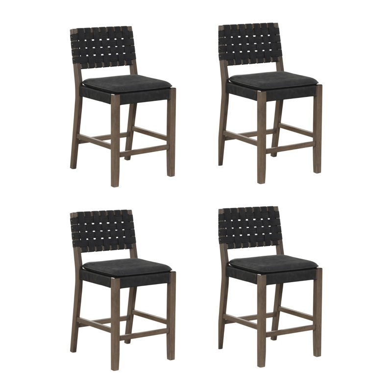 Tabouret à hauteur de comptoir en suède tissé avec pieds en bois massif, paquet de 4, 4, Black Leather/Graphite Frame