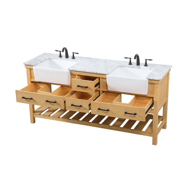 Booneville 72'' Double Bathroom Vanity with Carrara Marble Top, Natural Wood