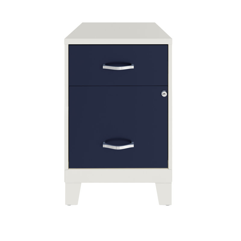 18" Deep 2 Drawer Letter Width Vertical File Cabinet With Accessory Drawer And Steel Legs, White/Navy