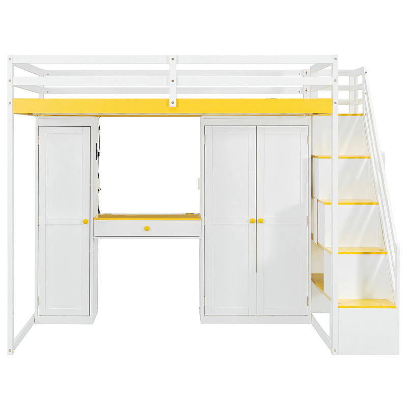 Lit mezzanine avec escalier de rangement, coiffeuse intégrée avec miroir et tiroir, garde-robe et armoires, ports et lumières de chargement USB
