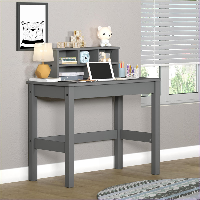 Bureau d'écriture avec huche | Plateau de table spacieux | Gris | Pin et bois aggloméré