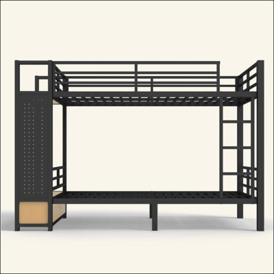Lit superposé en métal pour adolescents avec tablettes de rangement, tiroirs et panneau perforé