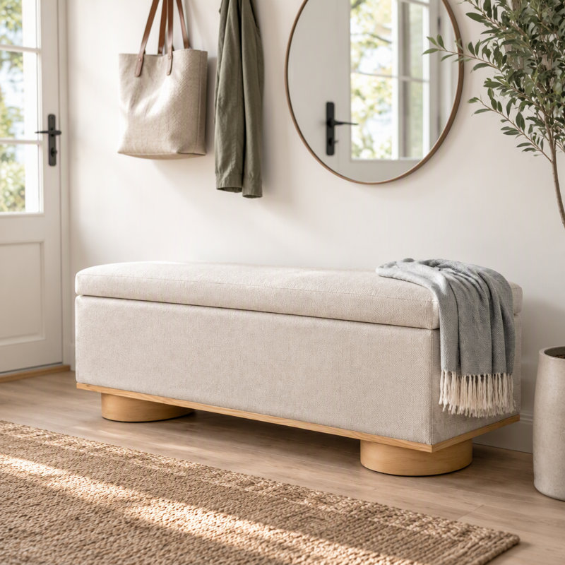 Repose-pieds de 50 po avec banc de rangement rembourré moderne avec rangement intérieur, tissu avoine, banc de bout de lit pour la chambre à coucher et le salon