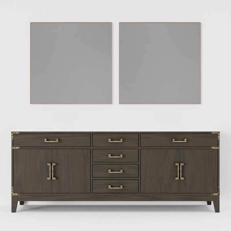 Meuble-lavabo double l 84 po x 22 po Laurel, Marbre de Carrare blanc, Chêne brun