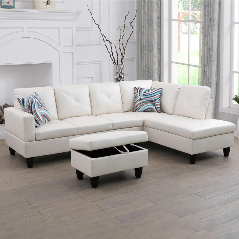 Canapé modulaire en flanelle 3 pièces, Tissu blanc, Orienté à droite