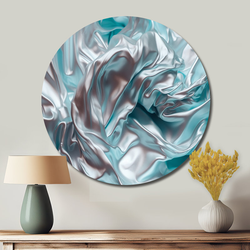«Silver Blue Dancing Colors» - Art abstrait rond en métal, H 36 po x l 36 po x P 1 po