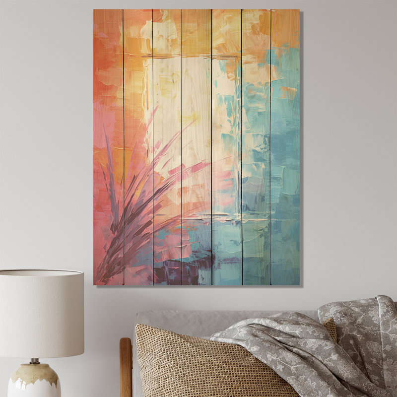 Vue de fenêtres tropicales de couleur pastel II - Floral abstrait sur bois, H 40 po x l 30 po