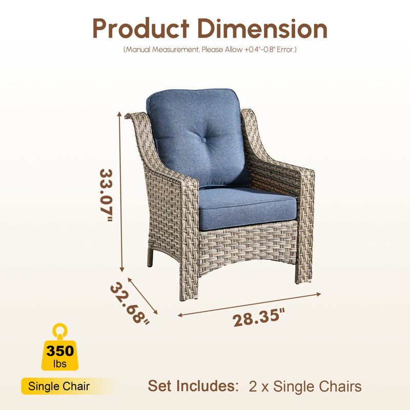 Chaises longues d'extérieur en rotin avec coussins en osier (ensemble de 2), Bleu denim