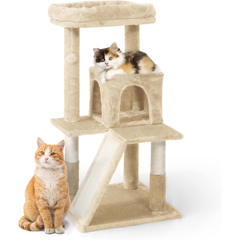 Tour pour chats pour chats d'intérieur, petit arbre à chat de 37 pouces avec perchoir élargi pour les grands chats et les chatons, arbre d'activité pour chats à plusieurs niveaux avec poteaux à griffes et rampe, beige