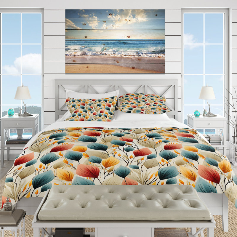 Seamless pattern with fishes - Nautical Duvet Cover Set - Microfiber Polyester, Teal And Beige Botanical