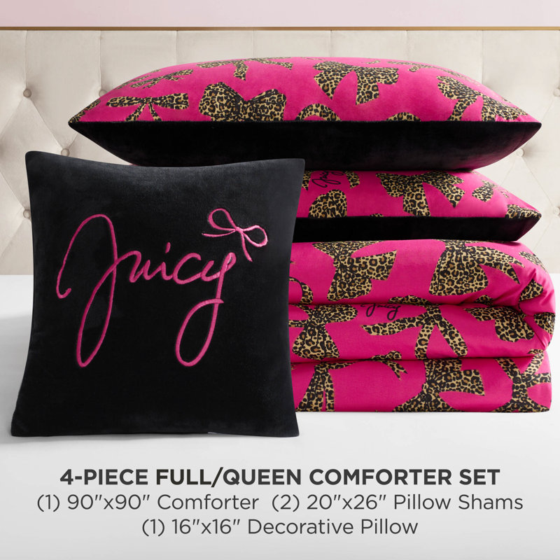 Juicy Couture Solid Plush Reversible Cheetah Bows Comforter Sets, Queen + 3 Additional Pieces
