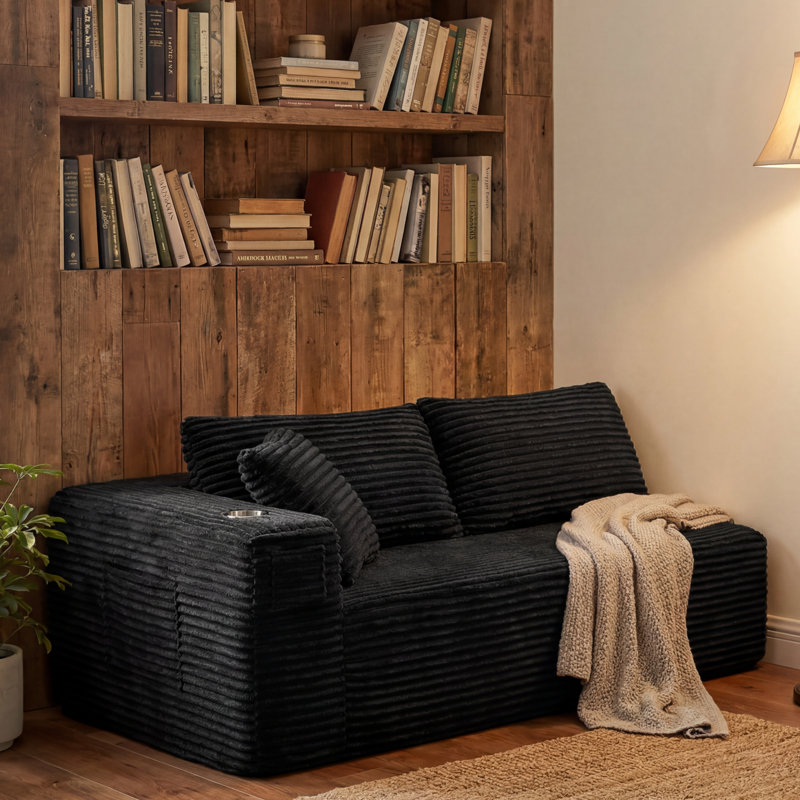 71" Wide Modern Open End Sofa With Right Armrest Deep Seat Asymmetric Design, Black